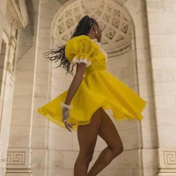 NWT Selkie Sunshine Parliament Puff Sleeve Mini Dress Size Small Yellow #1A503 - Picture 1 of 9